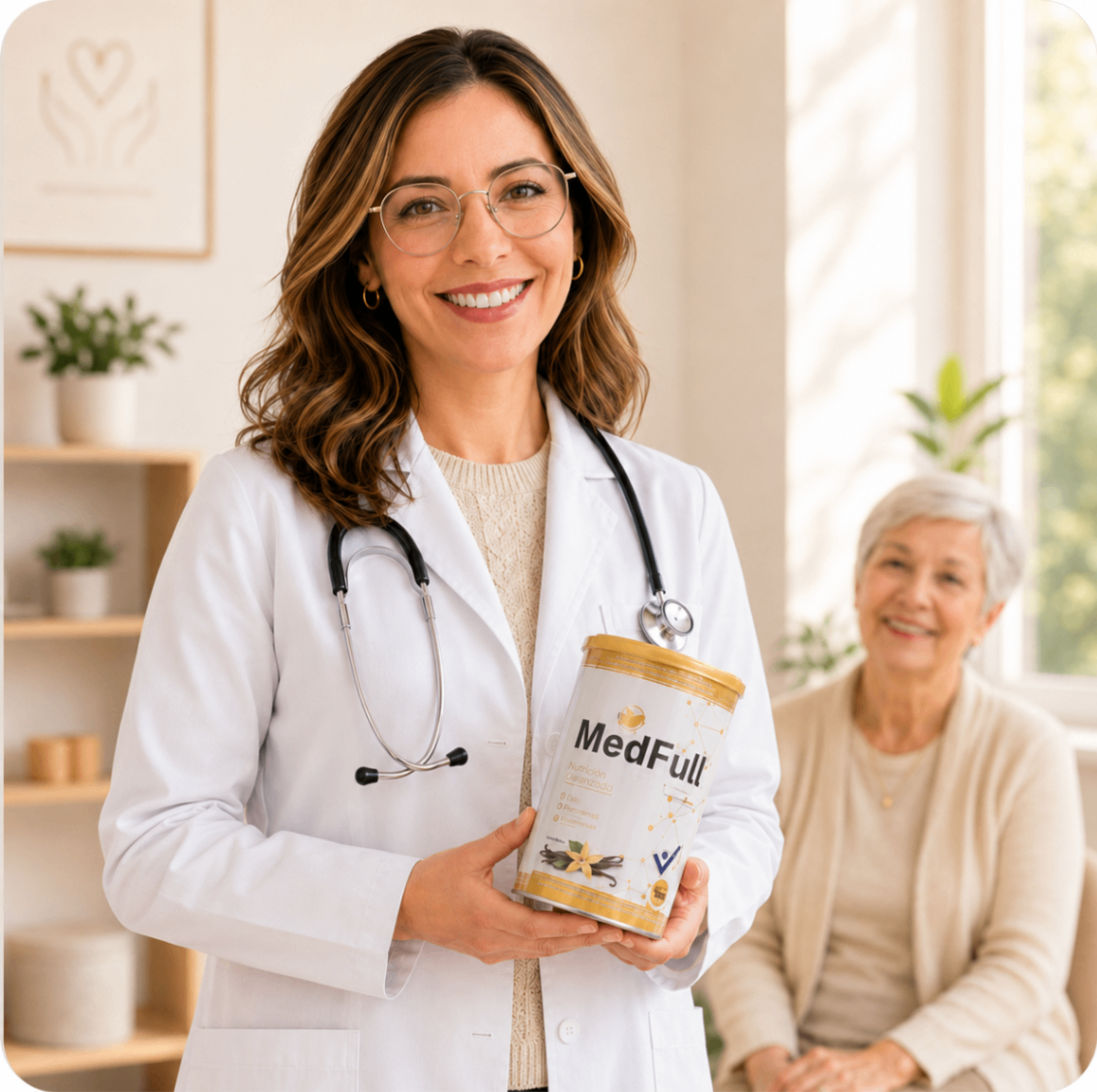 Doctora con una señora y un tarro de Med-full