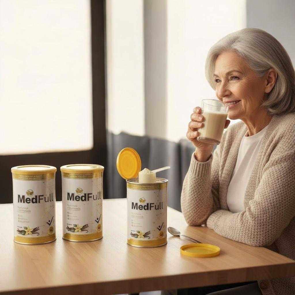 Adulta mayor disfrutando una bebida preparada con Med-full